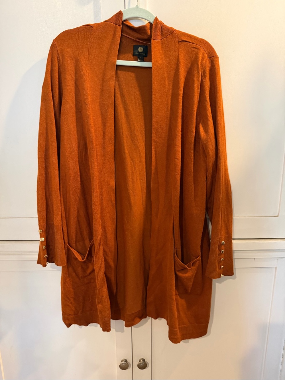 Rust Open-Front Women’s Cardigan Sweater with gold Button Cuffs